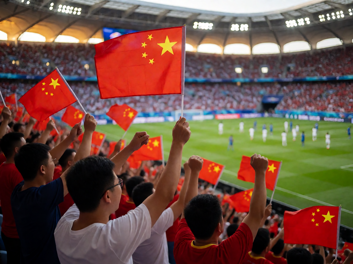世界杯预选赛现场球迷挥舞国旗为国家队加油助威的热烈场面